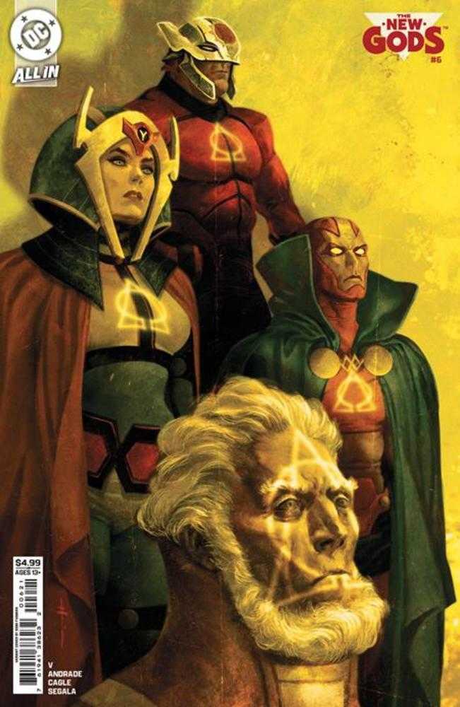 Cover of New Gods #6 featuring illustrated characters from the comic book, predominantly in superhero costumes against a yellow background.