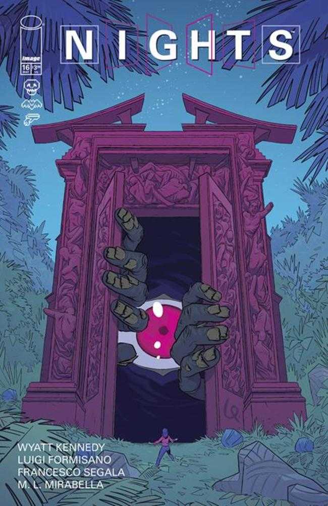 Comic book cover titled 'Nights' with a purple archway and glowing pink sphere.