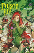 Comic book cover of 'Poison Ivy' with a character holding a flower, surrounded by food and plants on a green background.