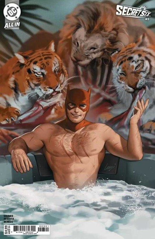 Comic book cover featuring a character in a swimming pool with a background of tigers.