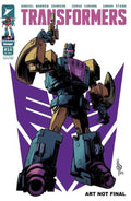 Comic book cover of 'Transformers' with a robot character on a purple background