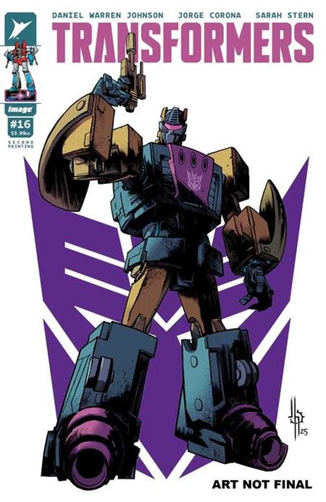 Comic book cover of 'Transformers' with a robot character on a purple background