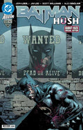 Comic book cover of Batman with a 'Wanted' poster and bloodstains on a stone wall background.