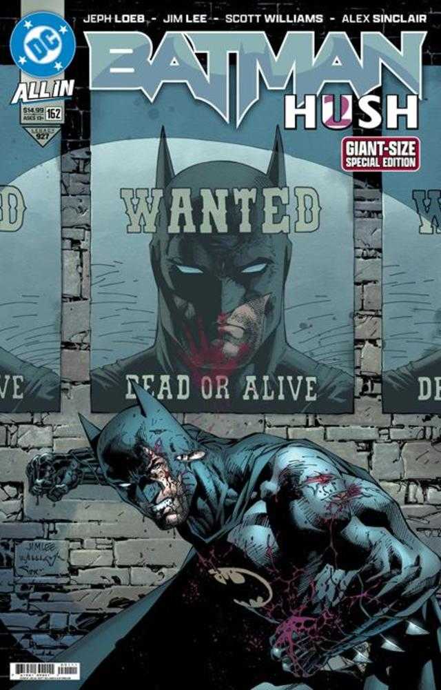 Comic book cover of Batman with a 'Wanted' poster and bloodstains on a stone wall background.