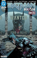 Comic book cover of Batman with a 'Wanted' poster and bloodstains on a stone wall background.