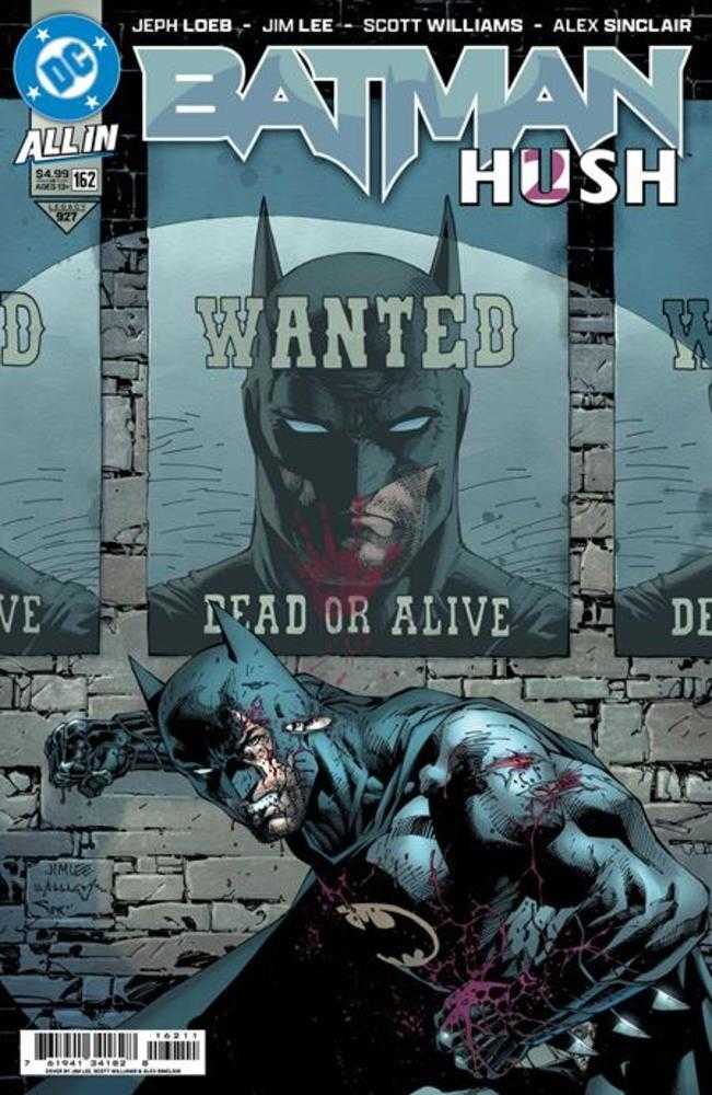 Comic book cover of Batman featuring a 'Wanted' poster and a defeated Batman on a stone wall background.