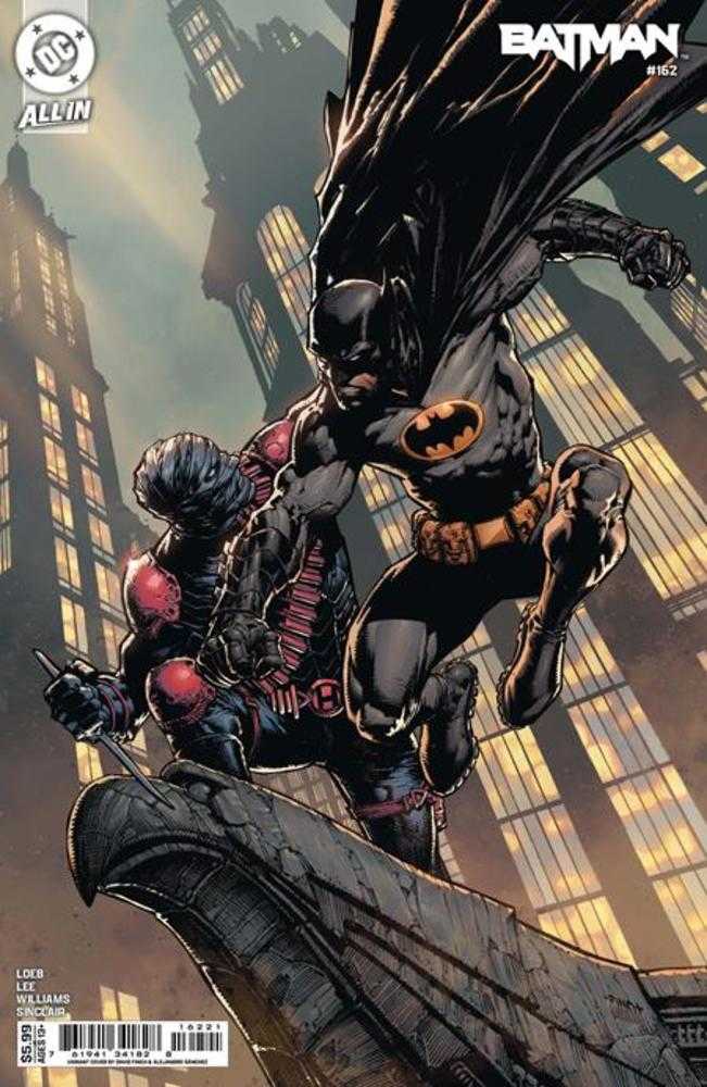 Comic book cover featuring Batman in a dynamic pose with a cityscape background
