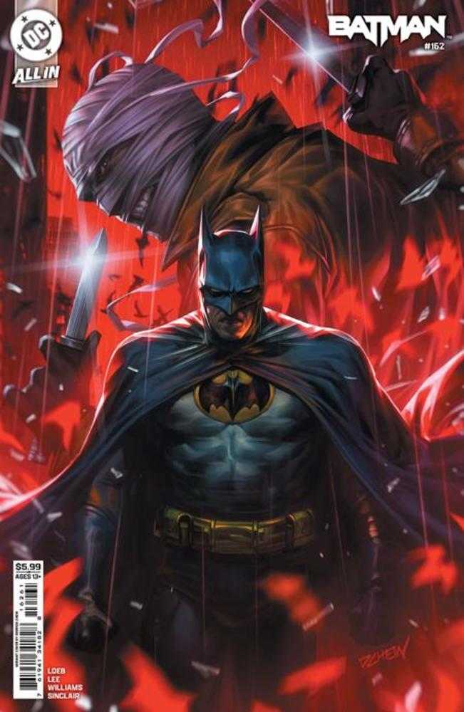 Comic book cover featuring Batman in a dark and dramatic pose with red flames in the background.