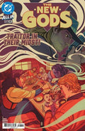 Comic book cover of 'The New Gods' with characters around a table.