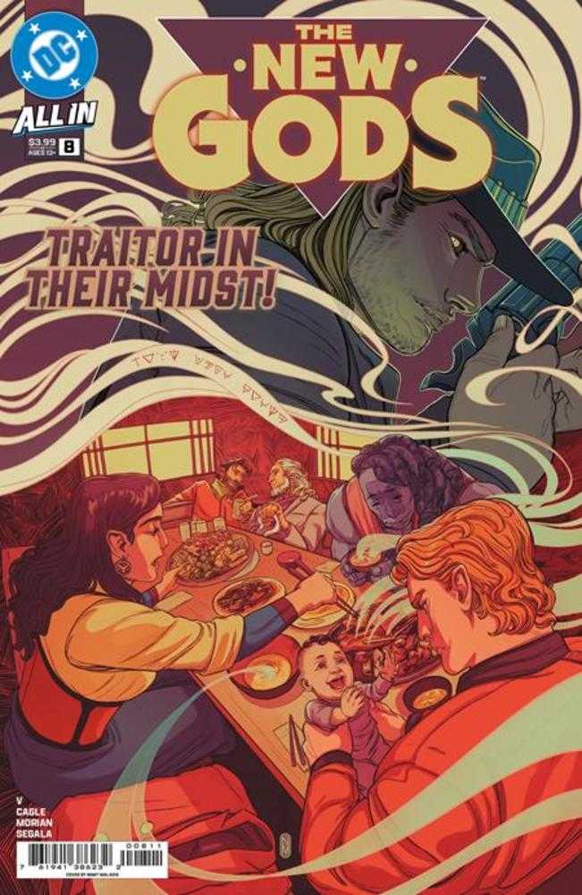 Comic book cover of 'The New Gods' with characters around a table.
