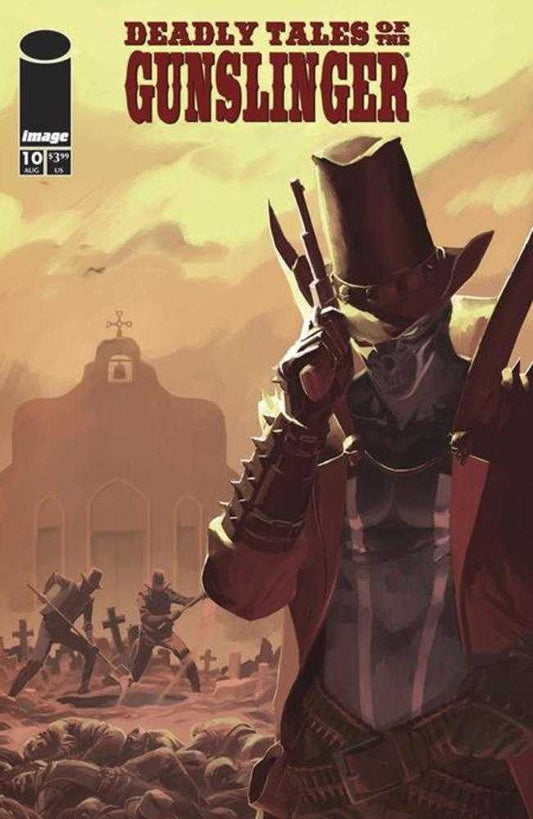 Comic book cover titled 'Deadly Tales of the Gunslinger' with a character holding a gun in a sepia-toned setting.