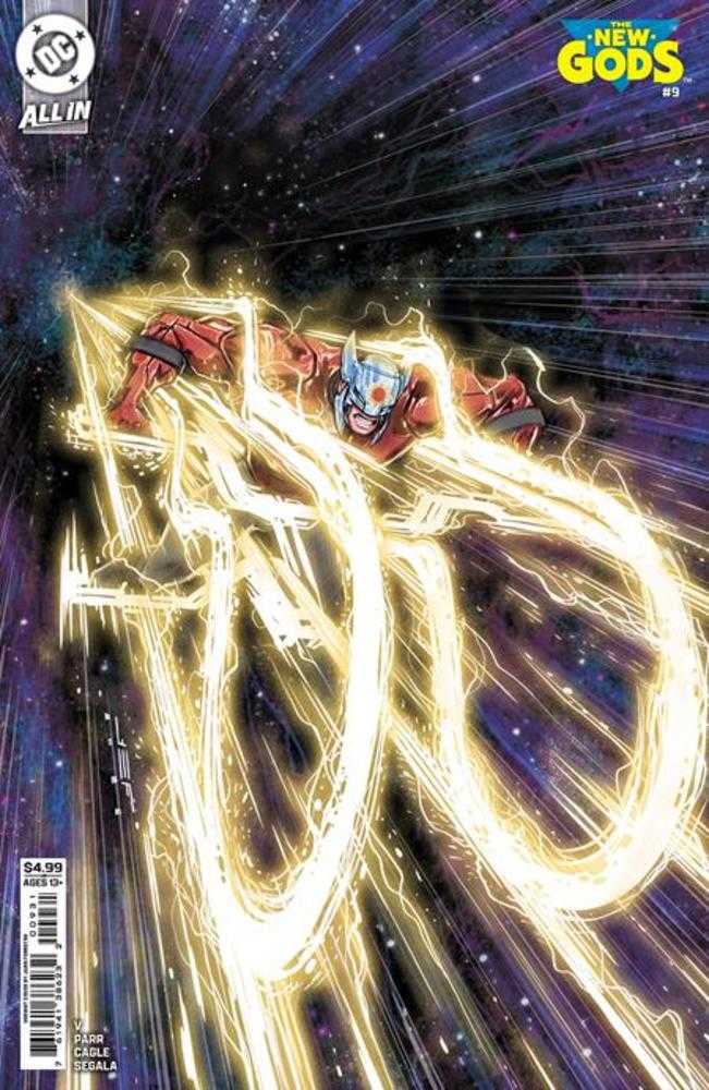 Comic book cover featuring a superhero in a dynamic pose with energy effects.