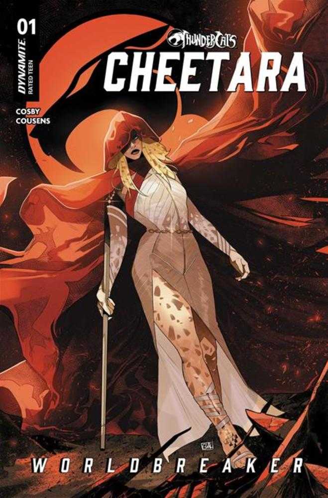 Comic book cover of 'Cheetara: Worldbreaker' with a character in a red hood and flowing robes.