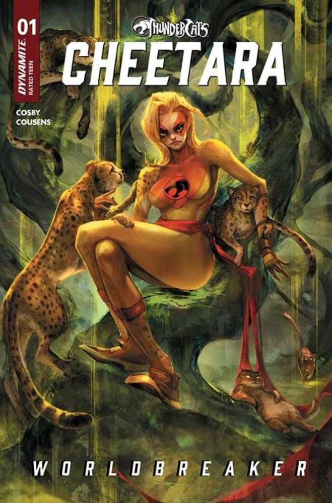 Comic book cover featuring a character from 'Thundercats' with leopards in a forest setting.