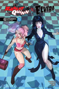 Comic book cover featuring Harley Quinn and Elvira on a checkered floor background.