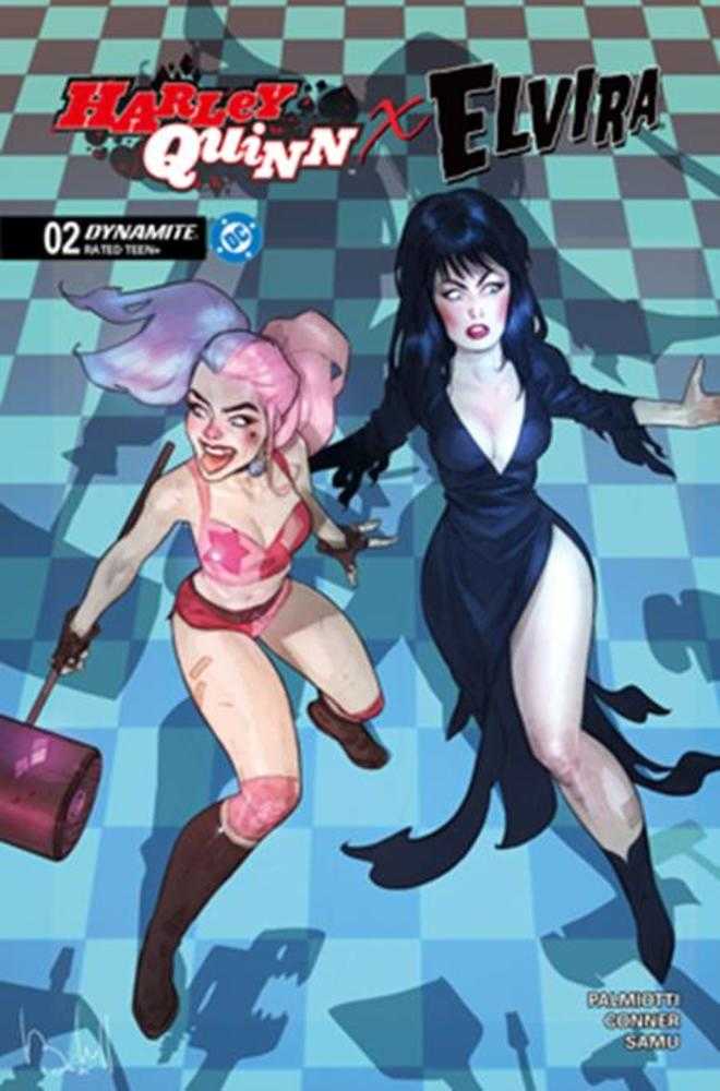Comic book cover featuring Harley Quinn and Elvira on a checkered floor background.