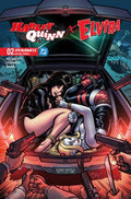 Comic book cover featuring Harley Quinn and Elvira in a car trunk with weapons.