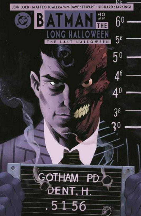 Comic book cover featuring a character with a police lineup frame, titled 'Batman: The Long Halloween'.
