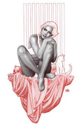 Artistic illustration of a nude figure sitting on a pink draped surface with a cat.
