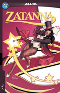 Comic book cover of Zatanna with a magicians outfit and top hat on a red and white background.