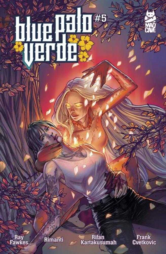 Comic book cover of 'Blue Palo Verde' with two characters surrounded by nature elements.