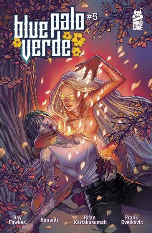 Comic book cover of 'Blue Palo Verde' with two characters surrounded by nature elements.