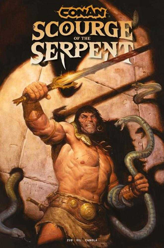Conan the Barbarian holding a sword and a snake, with text 'Conan Scourge of the Serpent' in the background.