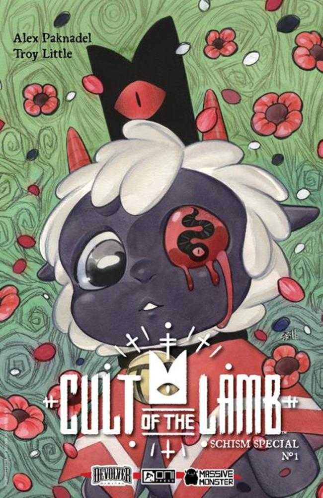 Cover of 'Cult of the Lamb' with a stylized lamb character and floral background