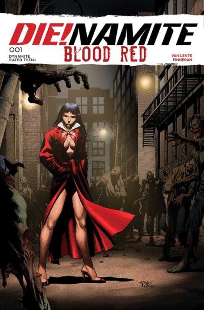 Comic book cover of 'Die! Namite Blood Red' with a woman in a red coat amidst zombies.