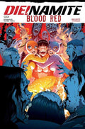 Comic book cover titled 'Die! Dynamite Blood Red' with intense scene of a woman surrounded by monstrous figures.