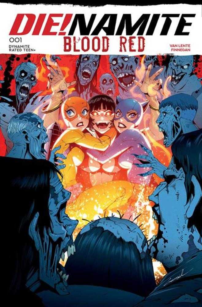 Comic book cover titled 'Die! Dynamite Blood Red' with intense scene of a woman surrounded by monstrous figures.