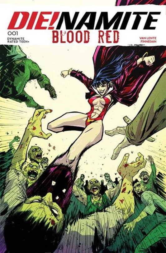 Comic book cover titled 'Die! Namite Blood Red' with a character in a red outfit surrounded by zombies.