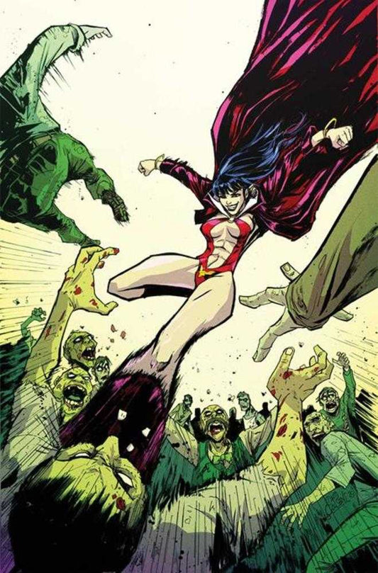 Comic book style illustration of a superheroess in action against zombies