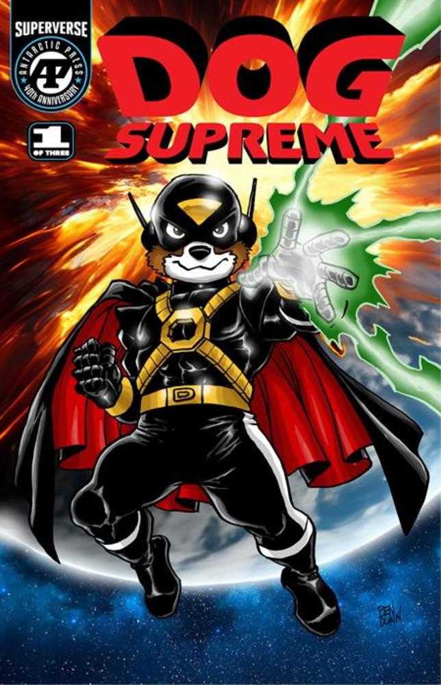 Comic book cover featuring a superhero dog character with colorful background