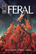 Comic book cover of 'Feral' with red cats and a cityscape background.