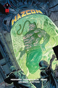 Comic book cover featuring a creature in a green chamber with 'Hazzcon' above, and people observing.