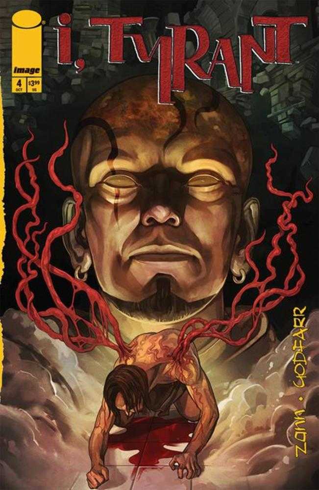 Comic book cover of 'i, Tyrant' with a dramatic illustration of a face and a person on the ground.