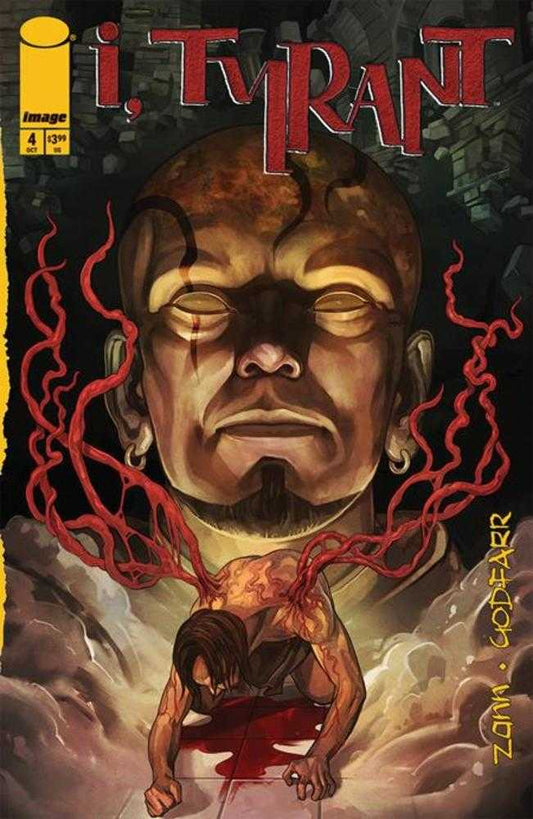 Comic book cover of 'i, Tyrant' with a dramatic illustration of a face and a person on the ground.
