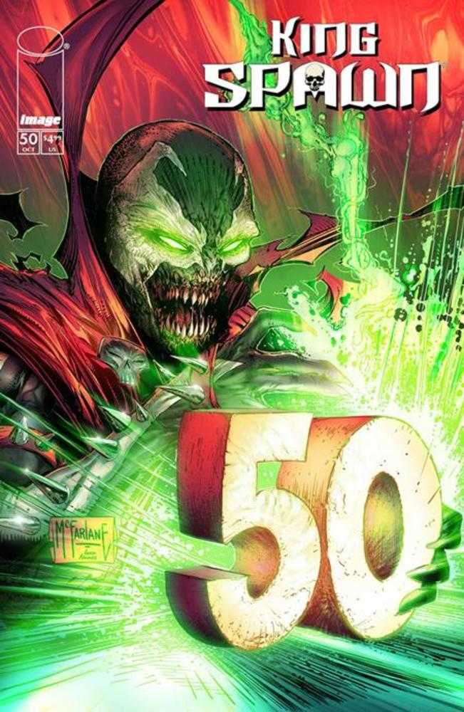 Comic book cover featuring a character with green skin and red hair, holding a large '50' number.