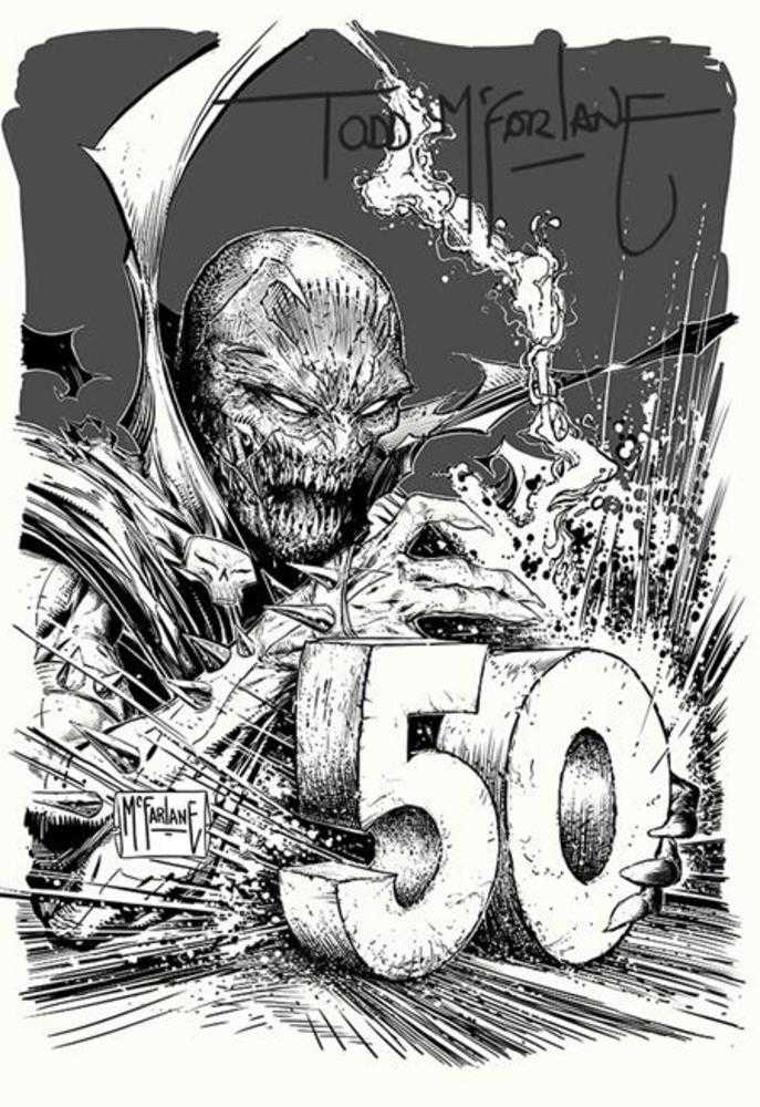 Black and white illustration of a character with a number 50, likely related to a comic book or graphic novel, with 'Todd McFarlane' signature.