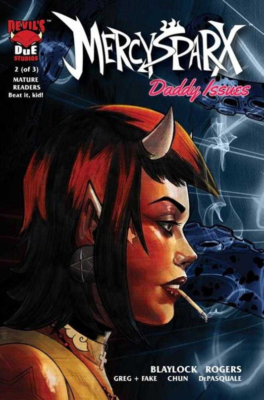 Comic book cover featuring a character with horns and red hair, with text 'MercySparx Daddy Issues' on a dark background.