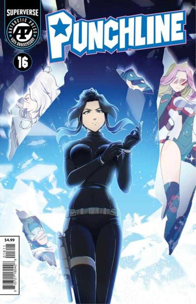 Comic book cover featuring a character in a black suit with a blue background and 'Punchline' branding.