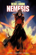 Comic book cover of 'Rebel Moon Nemesis' with a character in a fiery background