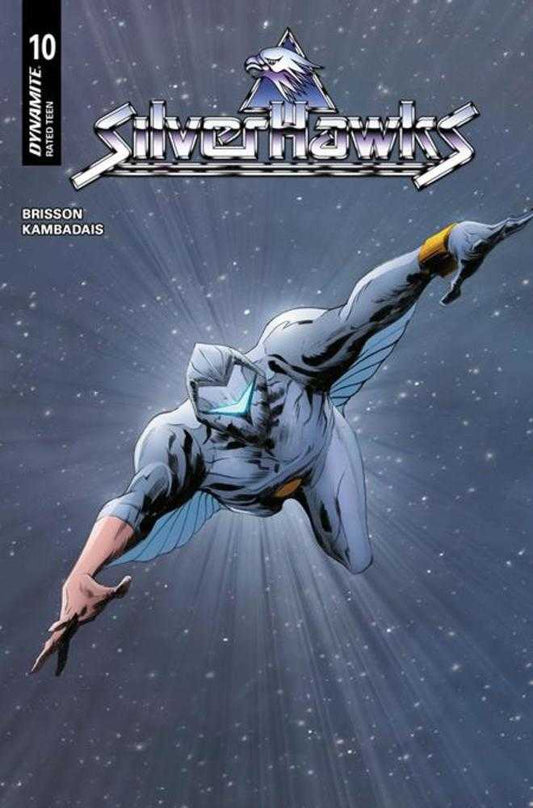 Comic book cover of 'Silverhawks' with a superhero in flight against a starry background.