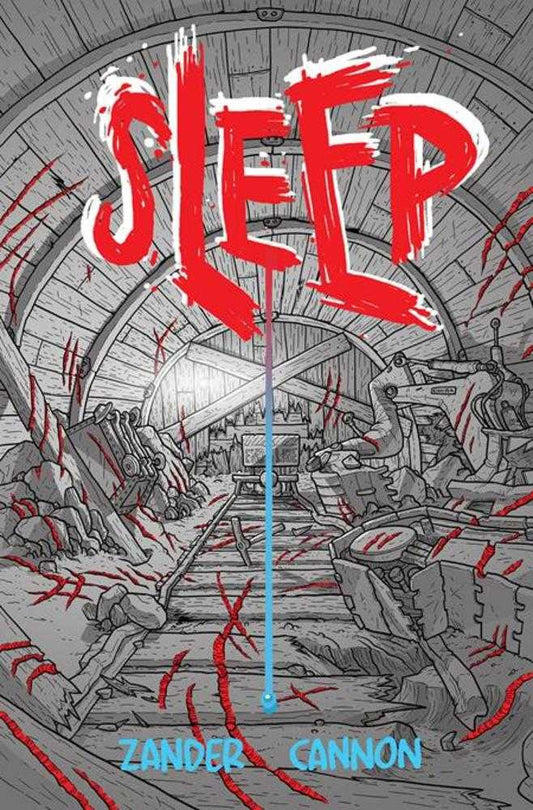 Cover of 'Sleep' by Zander Cannon with a dystopian landscape and red text.