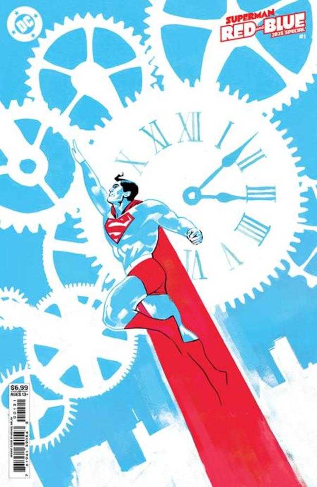 Superman flying through gears with a clock face in the background on a comic book cover.