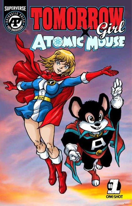 Comic book cover featuring a superheroine and a mouse character with 'Tomorrow Girl Atomic Mouse' text.