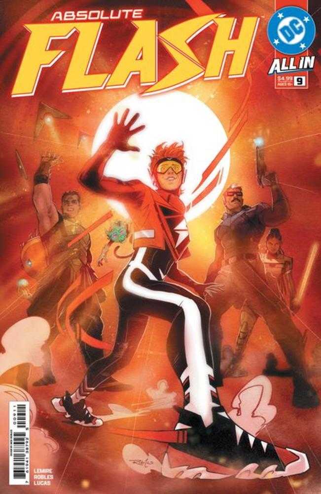 Comic book cover featuring a superhero in action with other characters in the background.