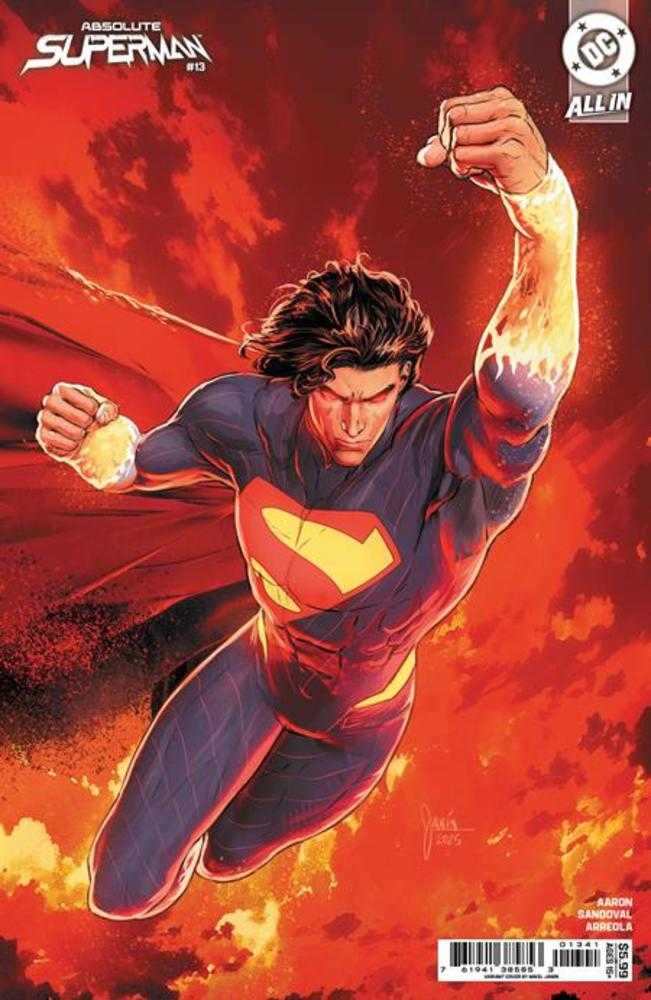 Comic book cover featuring Superman in a dynamic pose with a fiery background