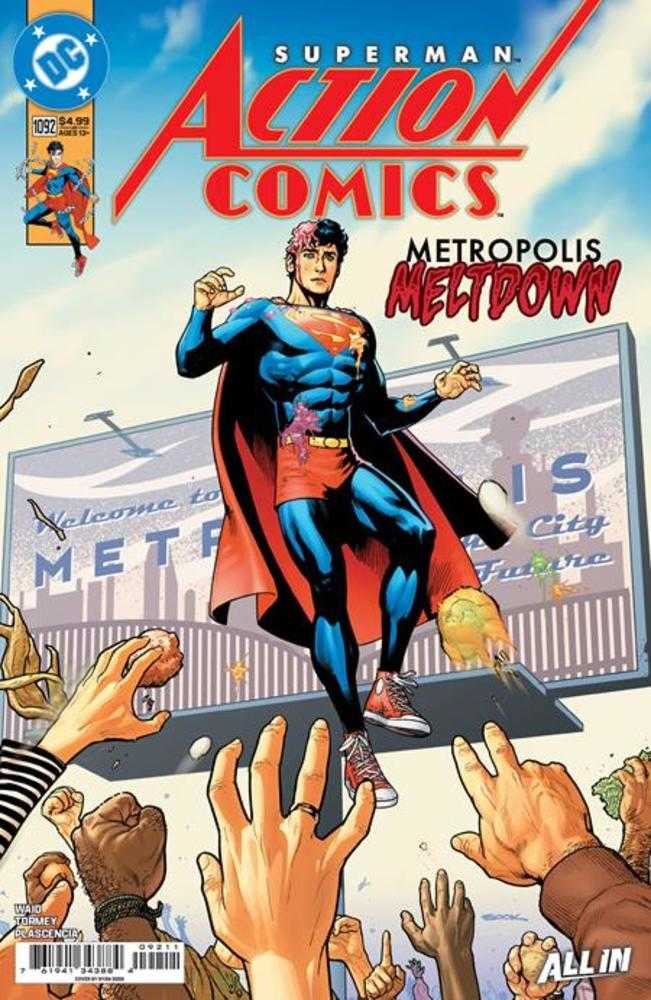 Comic book cover of Superman in 'Action Comics' with a crowd and Metropolis skyline.